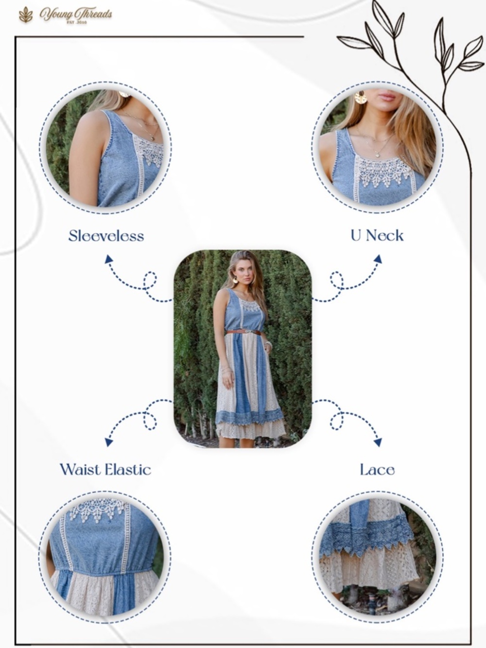 "The Rosina" Vintage-Inspired Denim and Cream Lace Maxi Dress - Picture 7 of 7